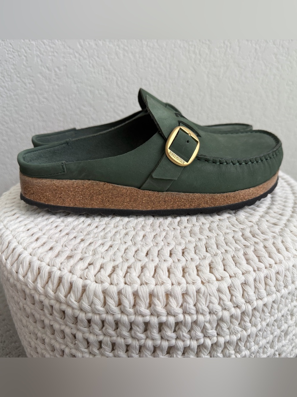 Birkenstock Olive Green Slip-On Mule with Gold Buckle Accent
